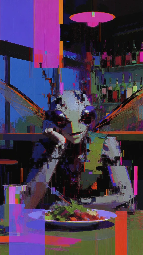 winged insectoid humanoid at a foreground table, resting head on hand and gazing at a plate of food, background bar with shelves of bottles and a ceiling light, night scene window, executed in a datamoshed glitch art style with aggressive pixel sorting, fractured rectilinear planes of neon violet and electric magenta, high-contrast digital artifacts, vertical chromatic aberration, jagged compression noise, layered rectangular distortions, saturated digital decay, impressionistic chiaroscuro