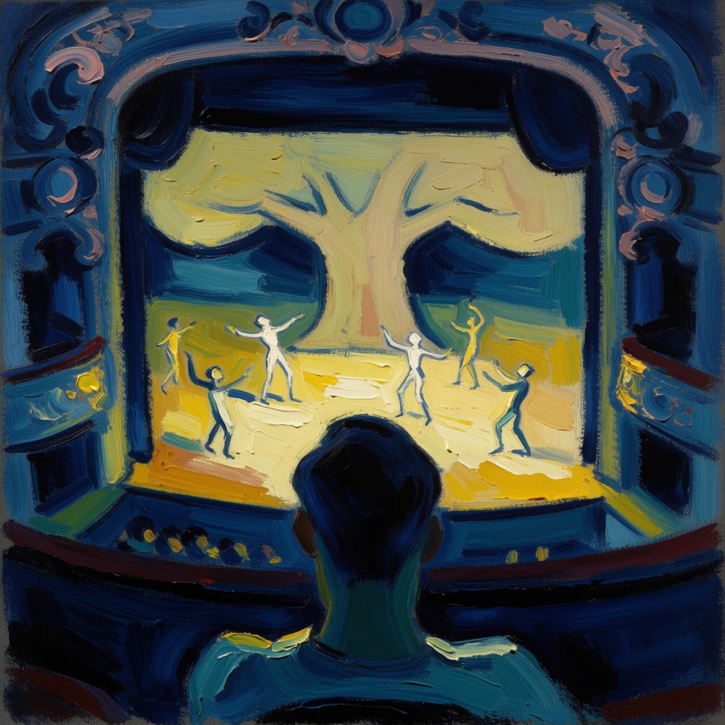An expressionist oil painting depicts the back of a viewer's head in a dark, ornate theater box looking down at a brightly lit stage where figures perform in front of a large tree-like backdrop. In the immediate foreground, the back of a person's head and shoulders are rendered in dark blue and teal brushstrokes, positioned centrally. Above the viewer, a rectangular stage is viewed through an opening framed by dark, ornate architectural moldings featuring scrolled patterns and circular motifs in deep blue with subtle pinkish highlights. On the stage, five small, spindly, white figures are spread across a bright yellow and ochre floor, with some having arms outstretched in various poses. A large, thick-trunked tree shape in a pale yellowish-beige hue serves as the backdrop, filling the upper portion of the stage's inner frame. The artwork is characterized by heavy, visible impasto brushstrokes and a textured surface. The composition uses a frame-within-a-frame technique, focusing the eye on the stage from a high-angle perspective. The color palette is split between a dominant, moody indigo and teal in the shadows and a vibrant, luminous yellow on the performance stage. The lighting emanates from the stage itself, silhouetting the foreground viewer against the brightness of the scene below.