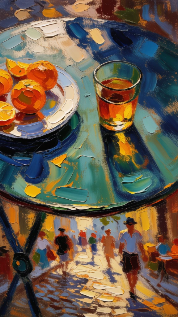 overhead view, thick impasto oil painting style, vibrant teal and deep navy palette, a glass of amber liquid with dramatic long shadows, bright oranges and citrus slices on a textured outdoor table, expressive palette knife strokes, a busy cobblestone street scene visible below, cinematic lighting, sharp white highlights, high contrast, minimalist composition, dappled light patterns, rich painterly texture, energetic brushwork, deep blue elongated shadows, vibrant pops of citrus orange.
