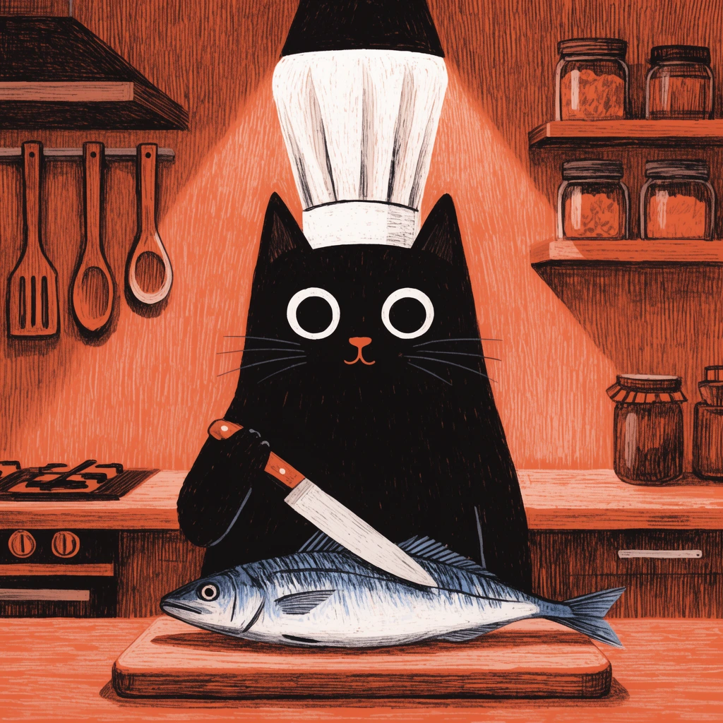 A stylized black cat in a white chef hat holds a knife over a whole fish on a wooden cutting board. Rendered with dense vertical hatching and a warm terracotta color palette, the wide-eyed feline stands in a kitchen illuminated by a stark overhead spotlight. Hanging wooden utensils, a stovetop, and a shelf of jars complete the heavily textured, graphic scene.