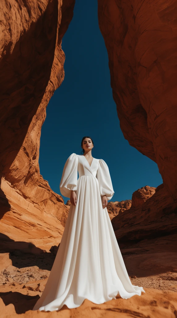 A woman in a pristine white gown with voluminous sleeves stands centrally within a dramatic desert canyon. Massive, textured orange sandstone cliffs in deep shadow frame the foreground, creating a natural archway that highlights the sunlit subject. A rich azure blue sky fills the negative space above. The low-angle, wide-shot perspective emphasizes epic scale, contrasting the warm rugged terrain with elegant high-fashion styling.