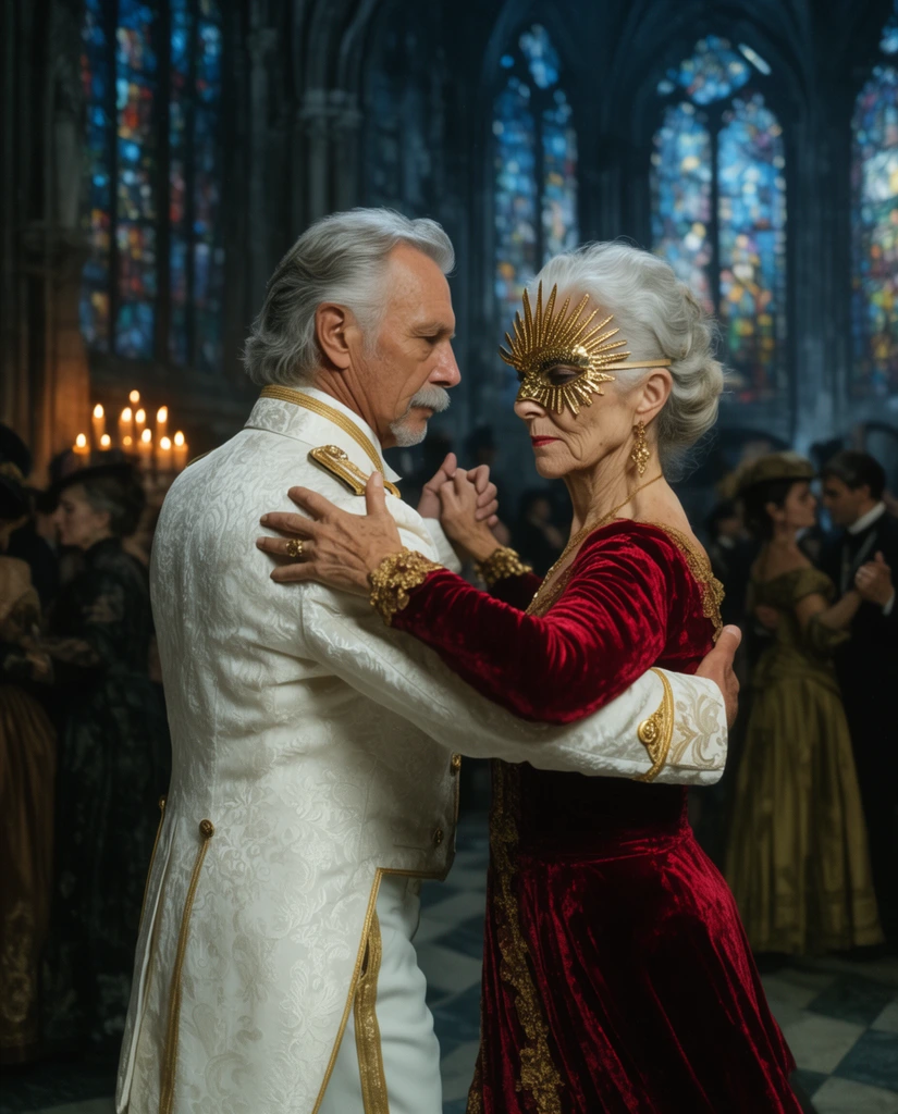 older silver-haired man in a white brocade uniform, elderly woman in a crimson velvet gown and gold sunburst mask, couple dancing a tango, gothic cathedral setting, stained glass windows, background guests in historical attire, moonlight mixed with candlelight, cinematic lighting, shallow depth of field, mid-shot
