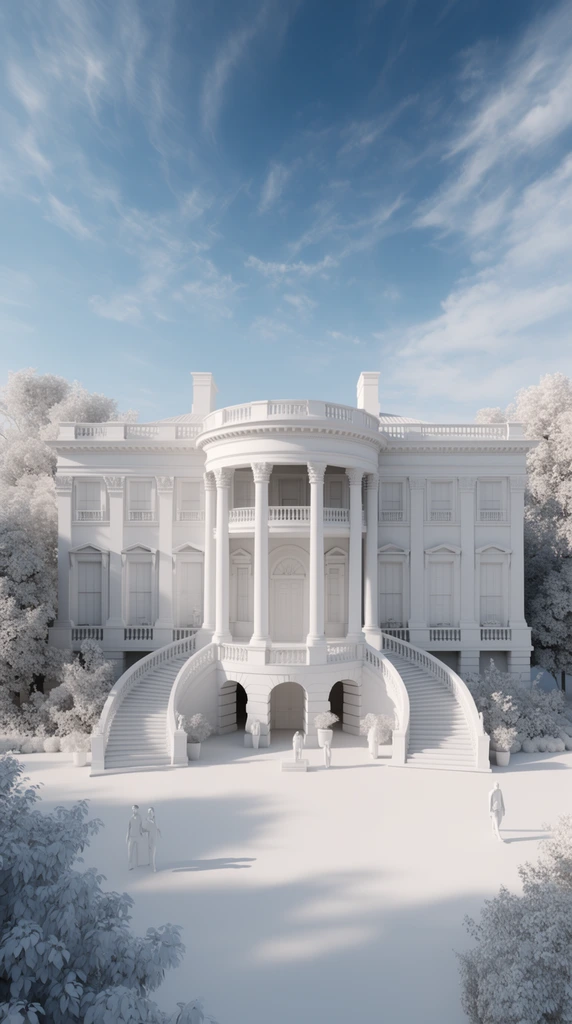 A monochromatic 3D clay render of a sprawling neoclassical mansion set against a photorealistic blue sky with wispy clouds. The untextured white architecture features a curved portico, tall columns, and grand staircases. Surrounding trees, flat ground, and tiny human figures share the same matte white finish. Soft sunlight casts distinct shadows across this wide-angle architectural visualization, highlighting the structural geometry of the untextured model.