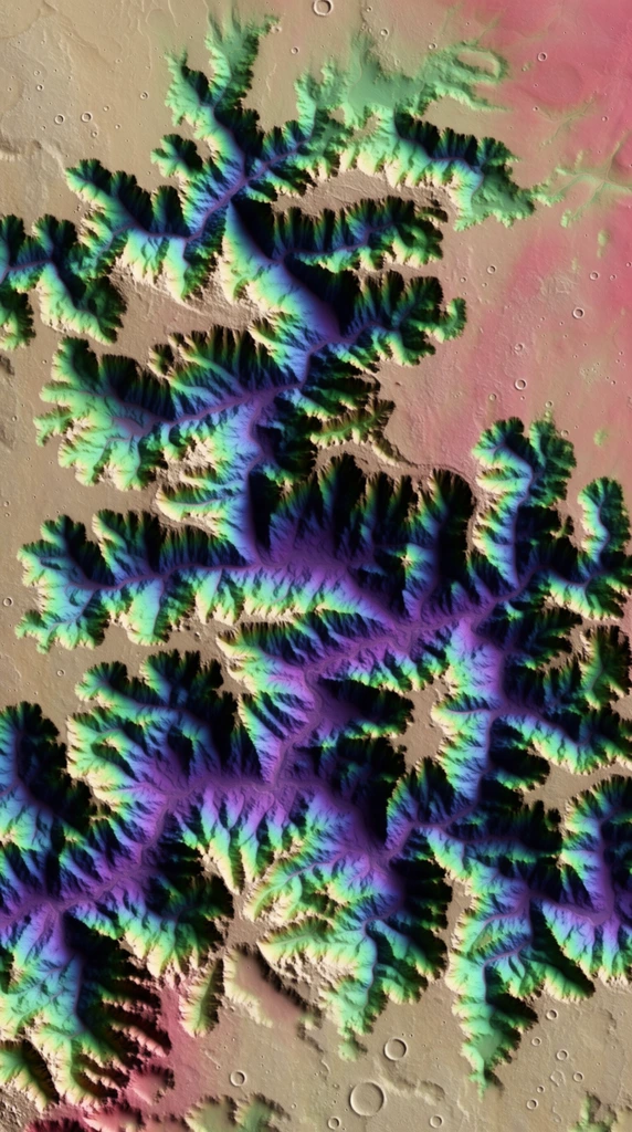 A nadir-view false-color topographic map of a fractured planetary surface dominated by a labyrinthine network of canyons and rugged mesas. Elevation changes dictate a vivid chromatic scale, rendering the deepest abysses in rich purples and dark blues. These low points transition into vibrant greens and cyan along steep canyon walls. The surrounding high plateaus are depicted in muted tan, beige, and soft pinkish-red hues, scarred by scattered circular craters. Stark directional lighting highlights the three-dimensional relief of the jagged cliffs, contrasting the smooth highlands with the chaotic, deeply gouged canyon floors below.