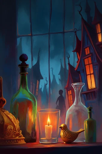 Nocturnal Storybook Surrealism style reference image — glowing warm windows