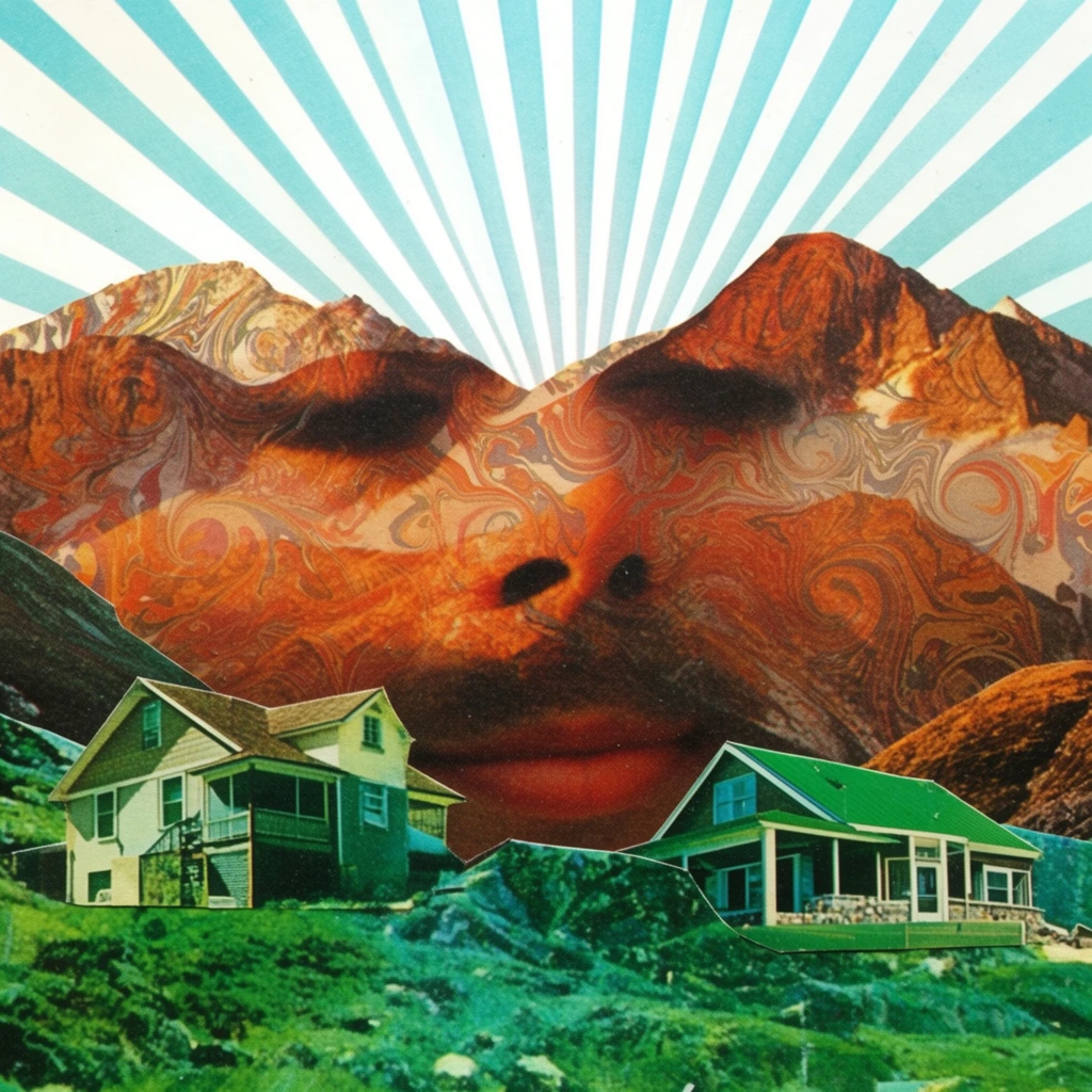 A surreal, analog paper collage of a landscape featuring two houses nestled beneath a mountain range forming a distinct, massive face shape. The composition utilizes a 1970s retro-magazine aesthetic with visible halftone print textures, subtle paper grain, and sharp cut-and-paste layering. The face-shaped mountains are rendered in rich burnt oranges and rusty browns, overlaid with surreal, swirling psychedelic marble patterns that seamlessly blend into the rocky surfaces. In the background, a highly stylized sky projects bold, geometric sunbeams radiating outwards in stark alternating bands of pale cyan and brilliant white. The foreground elements, including the two houses and the surrounding terrain, are constructed from intensely saturated, high-contrast photographic cutouts, juxtaposing vibrant emerald greens with the warm earth tones. The entire scene features the flattened perspective and distinct, crisp edges characteristic of vintage hand-cut pop-surrealist collage art.
