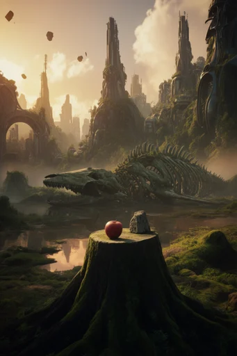 Monolithic Mythic Horizons style reference image — overgrown ancient ruins