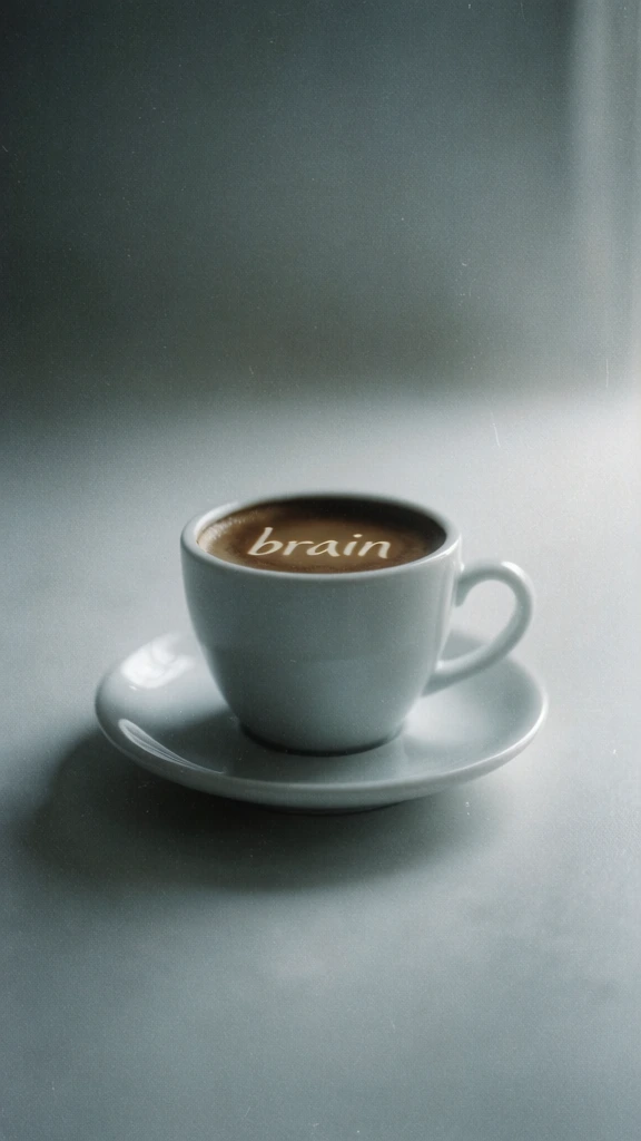 ethereal moody composition, minimalist ceramic cup filled with coffee, the word brain delicately rendered in latte art, desaturated cool grey background, cinematic high grain film texture, soft diffused natural lighting, muted tones, nostalgic aesthetic, dreamy soft focus, poetic surreal atmosphere, centered framing with negative space, vintage color grading, subtle textures, high-quality professional photography.