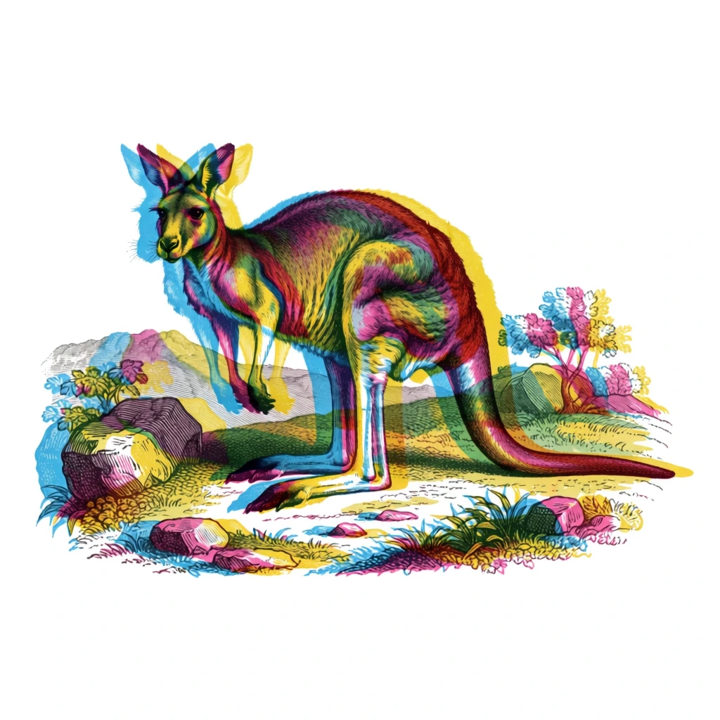 vibrant trichromatic displacement using cyan, magenta, and yellow channels, a single kangaroo in a landscape with rocks, small plants, and rolling hills, vintage copperplate engraving style with fine-line cross-hatching, rhythmic kinetic motion via overlapping silhouettes and misaligned registration, stark high-contrast white background, transparent color multiplication at intersections, intricate line work, 16th-century anatomical scientific illustration aesthetic