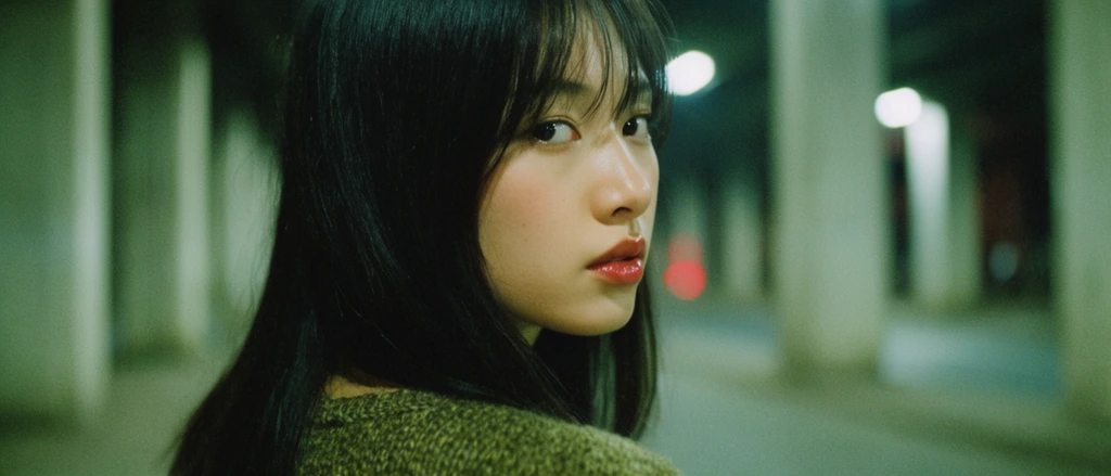 A close-up portrait of a young East Asian woman looking intently over her right shoulder. She has straight black hair with soft bangs, fair skin, and glossy reddish lips. She wears a textured olive-green knit garment. The background is heavily blurred with a shallow depth of field, revealing an out-of-focus urban environment with vertical concrete pillars resembling a nighttime underpass. The photograph features cinematic green color grading, distinct analog film grain, and cool fluorescent ambient lighting creating soft bokeh effects with a distant red light reflection.