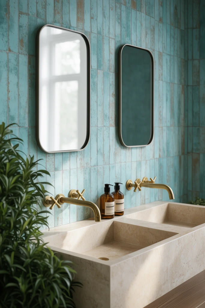 beige stone double trough sink, distressed aqua vertical wall tiles, dual wall-mounted brass cross-handle faucets, two rounded rectangular mirrors, amber glass pump bottles, lush green plant in foreground left, soft natural shadows, modern interior photography