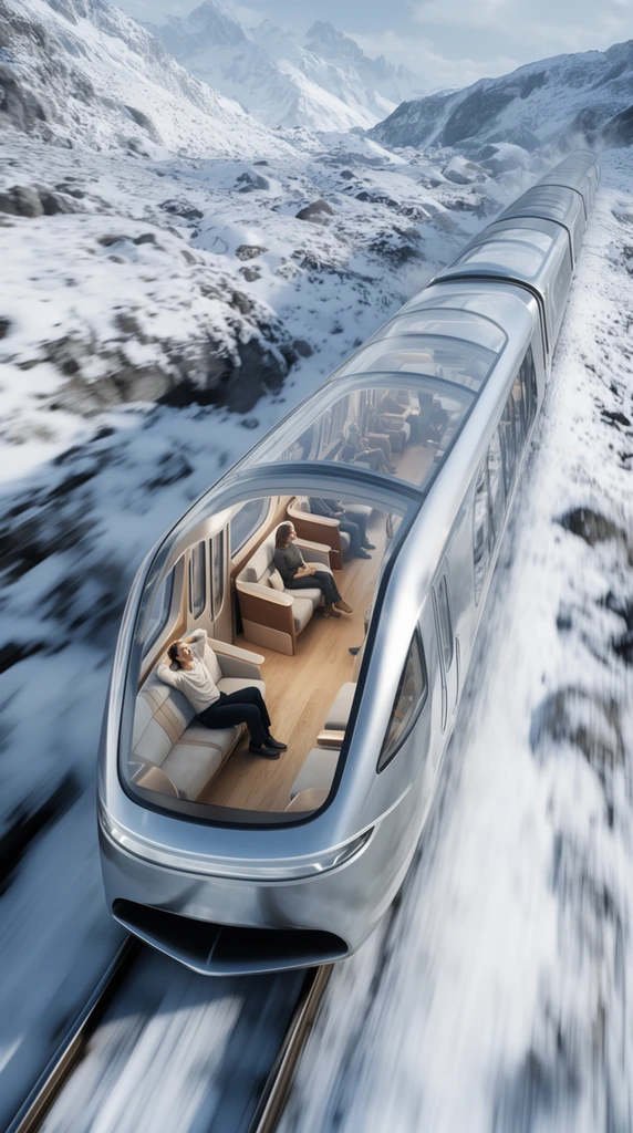 A futuristic silver passenger train speeds through a rugged, snow-covered alpine landscape. The multi-car locomotive features a continuous glass canopy and panoramic side windows revealing a luxurious interior. Inside the lead car, passengers relax on plush seating over light wood flooring, including one person reclining with hands behind their head. Captured from a high-angle aerial perspective, pronounced motion blur on the snowy tracks emphasizes intense velocity. The photorealistic industrial concept rendering contrasts cool icy blues, stark whites, and metallic silvers with the warm interior environment.