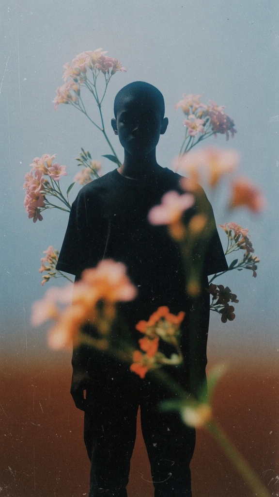 A dark, centered silhouette of a person with a shaved head stands facing forward, wearing a short-sleeved t-shirt and trousers against a hazy, dual-toned background. The figure is completely underexposed, appearing as a solid black shape with no discernible facial features. Interspersed around and partially overlapping the silhouette are several branches of soft-focused flowers in shades of pale pink and muted orange, some appearing in front of the body and others behind it. The image is horizontally divided into two color zones: the lower portion is a dark, warm rust-brown that gradually transitions into a cool, pale blue-gray in the upper half. A heavy, tactile film grain is present throughout the entire frame, enhancing the soft-focus and impressionistic quality of the scene. The lighting is diffused and atmospheric, creating a dreamlike, ethereal aesthetic where the sharp edges of the silhouette contrast with the blurry, glowing appearance of the surrounding floral elements.