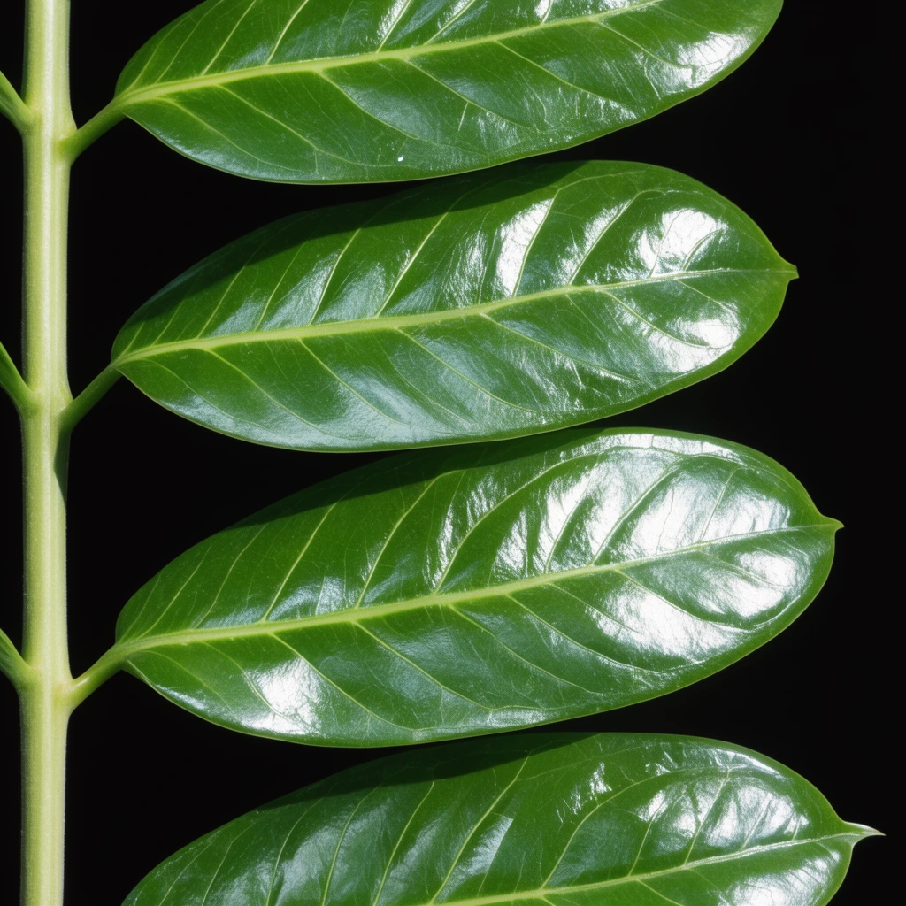 macro photograph of a vibrant green plant stem, four large glossy oval leaves extending horizontally to the right, prominent midribs and fine lateral veins, thick pale green vertical stalk on the left edge, waxy texture reflecting bright light, stark pitch-black background, high contrast, sharp focus