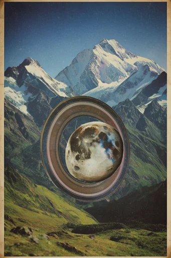 Retro Cosmic Surrealism style reference image — vintage paper collage