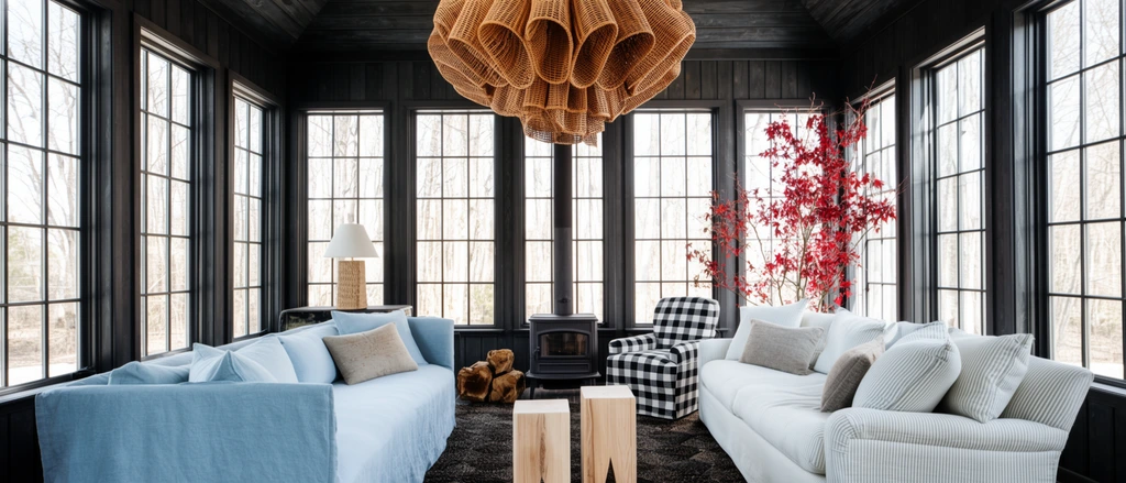 dark paneled sunroom, large sculptural woven rattan chandelier, light blue slipcovered sofa facing a pale striped sofa, black and white checkered armchair, two light wood block stools on a dark textured rug, bright windows framing bare trees, small wood stove, indoor plant with red leaves, natural daylight, rustic modern decor