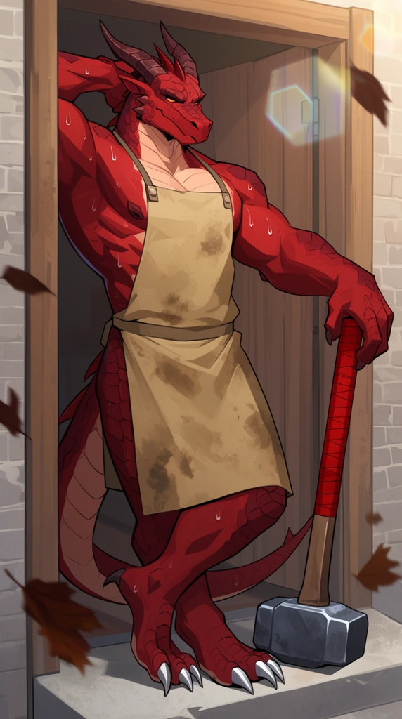 A muscular, anthropomorphic red dragon wearing a tan apron leans casually in a wooden doorway holding a large sledgehammer. The dragon features deep crimson scales, swept-back horns, and a heavily muscled torso glistening with sweat beneath a dirt-smudged canvas apron. He rests his right arm against the doorframe behind his head, while his left hand grips the long red-wrapped handle of a heavy metal hammer resting on the concrete step. His legs cross at the ankles, ending in sharp silver claws. A partially open wooden door and light grey brick wall form the background. Rendered in a cel-shaded 2D digital illustration style, warm sunlight casts soft shadows with a hexagonal lens flare in the upper right. Dark brown autumn leaves drift across the foreground, adding dynamic movement to the confident stance.