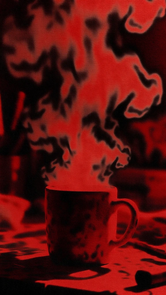 ceramic mug centered on a dark workbench, thick vapor rising into heavy clouds, high-contrast duo-tone palette of vibrant red and deep black, heavy film grain, noisy analog texture, organic fluid shapes with soft blurred edges, surreal and moody lighting, distorted thermal imaging aesthetic, bleeding ink effect, immersive atmosphere, grainy gradients, low-fi cinematic quality, abstract and vaporous composition.