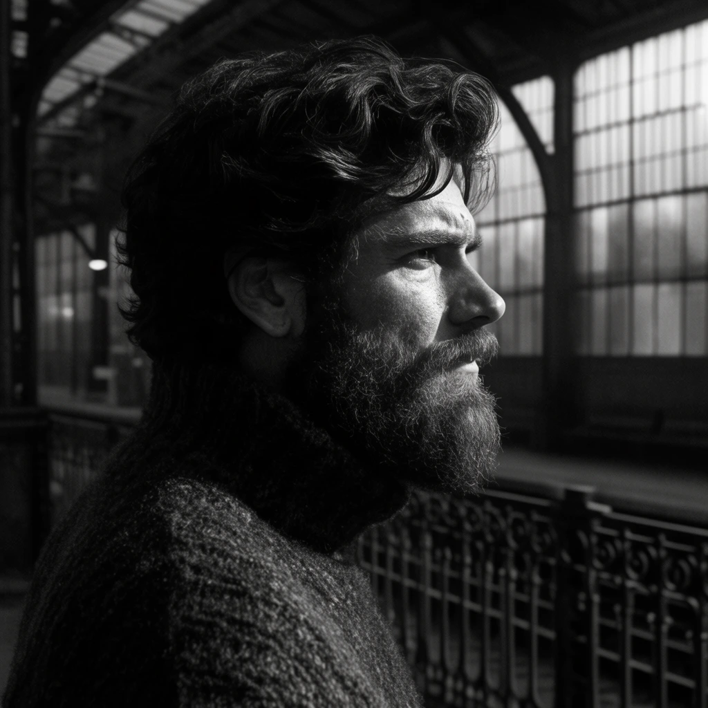 medium close-up profile of a rugged man facing right, thick dark wavy hair, full heavy beard, wearing a chunky dark wool turtleneck sweater, high contrast black and white photography, dramatic chiaroscuro lighting, harsh light illuminating the side of his face, deep shadows, softly out of focus industrial train station background, heavy iron balustrade, frosted glass windows, moody atmospheric cinematic setting