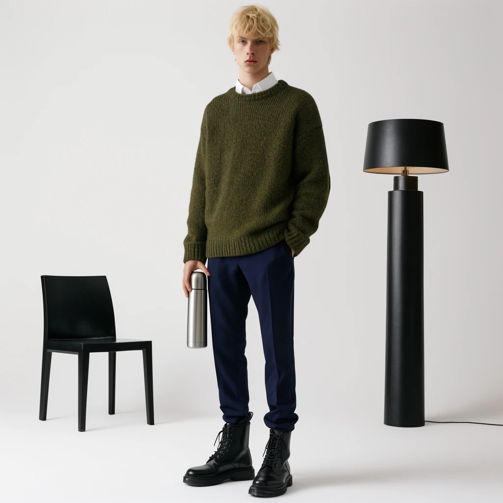Young blonde male model standing straight, chunky olive green sweater, white collared shirt, navy trousers, black combat boots, holding silver thermos, minimalist white studio, black chair left, tall black floor lamp right, editorial fashion photography, full body, soft studio lighting