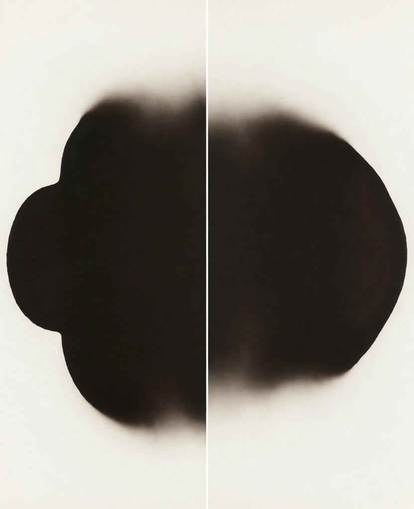 A minimalist diptych features a large, dark, organic shape split across two vertical panels against a stark white background. In the left panel, an opaque black form dominates the center, characterized by an irregular, bulbous silhouette with a rounded protrusion on the left. Its edges are sharp along some parts of the perimeter but transition into soft, hazy gradients at the top and bottom. The right edge of this shape aligns perfectly with the panel's vertical boundary. The right panel contains the continuation of this dark form, which appears as a more uniform, oval-like shape that tapers toward the right frame edge. This segment also exhibits soft, smoky blurring at its upper and lower boundaries, where the black bleeds into the surrounding white space. Centrally aligned, the two panels create a unified composition of a single bisected mass. The background is a flat, uniform off-white surface devoid of texture or environmental detail. This abstract work employs high contrast and a monochromatic color palette of deep black and cream, utilizing a direct, flat perspective that emphasizes form and negative space. The lighting is even, rendering the subject as a solid silhouette with feathered edges that suggest a liquid or smoky texture.