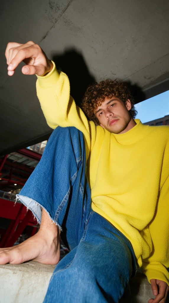 A low-angle, flash-lit portrait of a young man with curly hair sitting on a concrete ledge. He wears an oversized bright yellow textured mock-neck sweater and wide-leg blue jeans with raw hems. Barefoot, he pulls one knee toward his chest and extends his right arm upward with relaxed fingers, gazing at the lens with a neutral expression. Harsh direct lighting casts a hard black shadow of his arm against the grey concrete overhang. The tilted composition uses a wide-angle perspective, revealing a blurred urban background with red structural details and a sliver of blue sky.