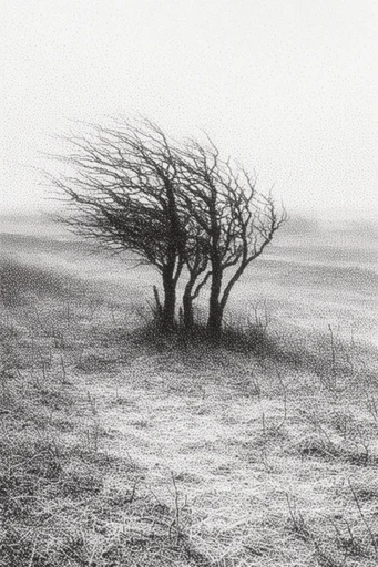 Monochrome Atmospheric Minimalism style reference image — heavy film grain