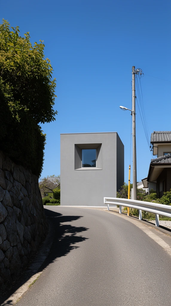 A minimalist gray cubic house with a recessed window sits at the end of a curved asphalt road. A foliage-topped stone wall casts sharp shadows on the left, while a guardrail, utility pole, and traditional house flank the right under a bright blue sky.