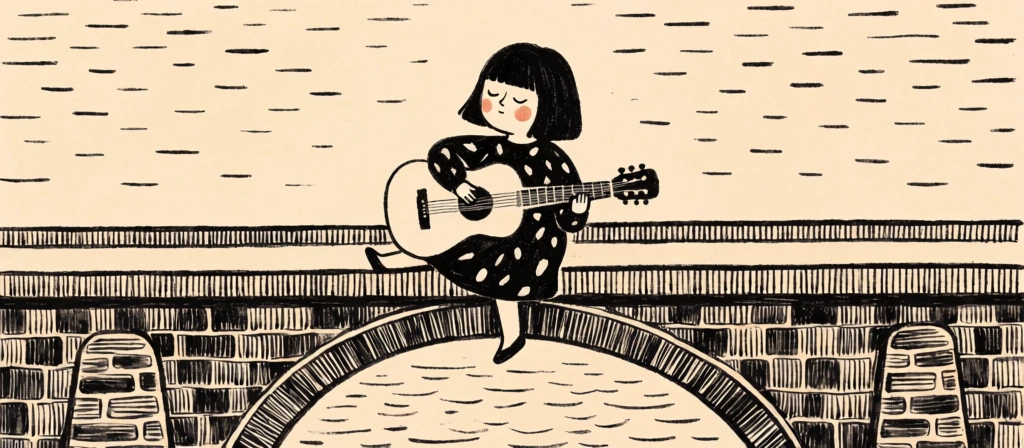 A simple, poetic black-and-cream illustration shows a young woman with closed eyes sitting on top of a stone arch bridge and gently holding a guitar, as if quietly playing to herself in complete calm. hand-drawn ink illustration, minimalist folk art, naive art, editorial picture-book style, linocut/woodcut feel, monochrome, graphic, whimsical, serene, intimate, flat rendering, medium visual complexity, textured mark-making, reminiscent of Maira Kalman, Tove Jansson, Sempé, Scandinavian folk illustration, limited palette of warm cream and deep black, even exposure, high contrast, no visible camera effects, no blur, no photographic depth of field, slight intentional print-like texture and irregular line wobble. The composition is centered vertically and horizontally. The upper two-thirds of the image is an open cream background filled with hundreds of short, scattered horizontal black dashes, loosely arranged like stylized sky texture. In the center near the top-middle sits the girl, facing slightly left of front but mostly toward the viewer. She has a rounded pale face, a solid black bob haircut ending at jaw level, and short straight bangs across her forehead. Her eyes are closed as two curved lines, her nose is a single vertical stroke with a small bend, and her mouth is a tiny curved smile. She wears a long-sleeved black dress covered in irregular white dots, with the skirt draping over the bridge edge. Her body is perched on the flat top of the bridge, one leg bent and hanging downward on the right, the other tucked more subtly to the left. Across her lap is a light-colored acoustic guitar angled from lower left to upper right; the rounded body rests left of center, the neck extends to the right, and the headstock with dark tuning pegs points toward the upper-right quadrant. One small hand rests over the sound hole as if strumming, while the other grips the neck. The lower third is dominated by the bridge: a flat roadway on top, then a large central arch beneath her. The bridge surface is banded with tight vertical black lines. The bridge face is filled with dense rectangular stone blocks, each outlined and decorated with internal stripes and marks, creating a rich patterned masonry texture. Inside the arch opening is cream space filled with horizontal dash marks suggesting water or shadow. The overall mood is quiet, contemplative, and gently musical.