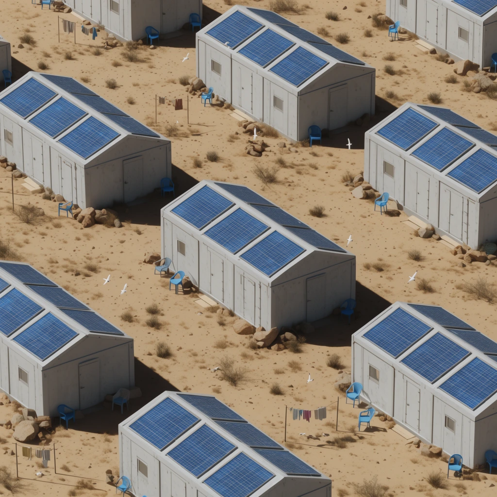High-angle isometric 3D render of identical pale grey modular shelters in an arid desert grid. Each rectangular structure features a pitched roof with three blue solar panels. The sandy terrain is dotted with sparse scrub, blue plastic chairs, clotheslines, and scattered rocks under bright, harsh sunlight casting sharp shadows. Small white birds fly between the stark buildings.