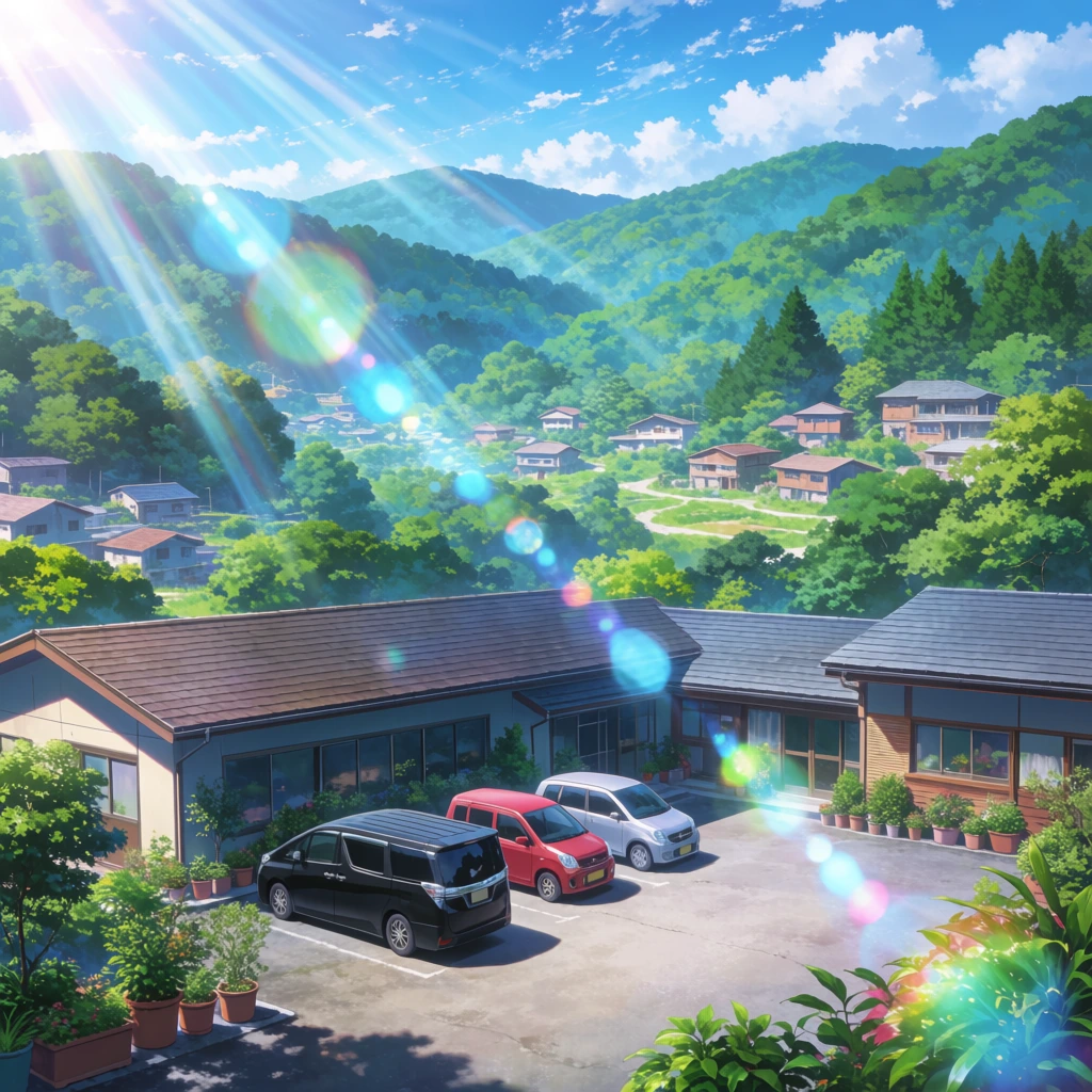 lush anime-style mountain village landscape, modern low-rise building complex with three parked cars in a paved courtyard, black minivan, red and silver compact cars, foreground potted plants, rolling forested hills, distant houses under a bright blue sky, vibrant vivid greens, photorealistic lighting, dramatic cinematic sunbeams streaming from the upper left, prominent glowing lens flares, highly detailed scenic background art