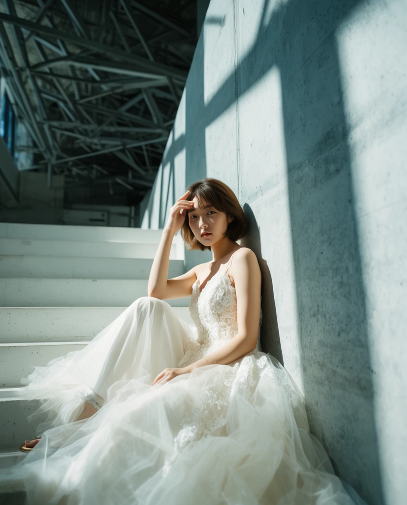 young East Asian woman seated on white concrete stairs wearing a white lace and tulle gown, leaning against a massive structural wall, short brown hair, right hand gently touching her forehead, looking directly at the camera, modern industrial architecture with exposed steel ceiling trusses, strong angled sunlight casting sharp geometric shadows, cinematic portrait photography, cool architectural tones contrasting with warm skin