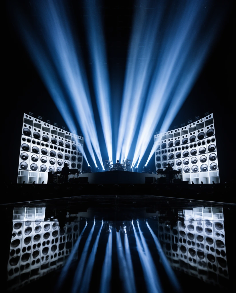 symmetrical dark concert stage, massive walls of stacked white speaker cabinets flanking a central performance riser, silhouetted figures operating equipment, intense blue-white spotlights beaming sharply upwards forming a dramatic V-shaped canopy of volumetric light rays, pitch black environment, highly polished dark floor reflecting a perfect mirror image of the illuminated cabinets and light beams, high contrast cinematic concert lighting, atmospheric live music production aesthetic