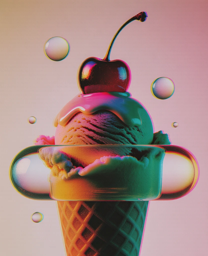 ice cream with a cherry, sculptural scoop of vanilla ice cream topped with a lustrous maraschino cherry, positioned centrally against a minimalist peach-to-pink gradient, intersected by a horizontal refractive glass capsule and floating glass spheres, extreme optical distortion with chromatic aberration, high-contrast teal and magenta rim lighting, caustic light refractions, hyper-realistic studio rendering, pristine textures, editorial surrealism, subtle film grain.