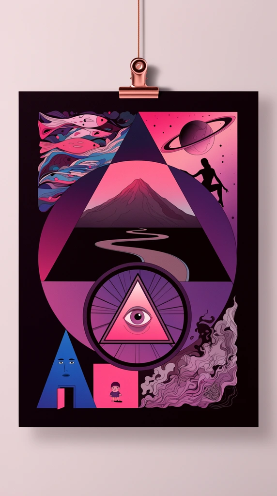 A poster hanging from a copper binder clip, dark background with a surreal illustration composed of overlapping geometric shapes and vignettes, color palette features gradient pinks, purples, and deep blacks, top right shows a silhouetted figure in space near a ringed planet, top left contains abstract fish and wave-like forms, center reveals a large circle intersecting a triangle, a winding road leading to a volcano, a glowing eye encased in a triangle within a wheel, lower left features a blue triangular face with a small doorway, a pink square with a tiny character, lower right shows swirling smoke and intricate line work, overall style is graphic, surreal pop art with clean lines and flat colors, flat lighting casting a soft shadow on a plain wall