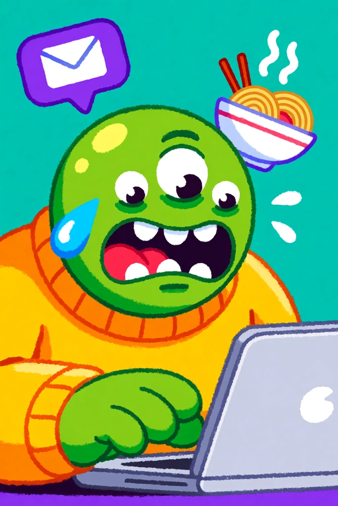 A 2D digital illustration of a spherical, three-eyed green monster in a yellow sweater frantically typing on a silver laptop against a solid teal background. A blue sweat drop flies from its panicked face. A floating purple alert bubble with an envelope icon and a steaming bowl of noodles hover alongside. The artwork features thick textured outlines, vibrant flat colors, and highly exaggerated cartoon proportions.