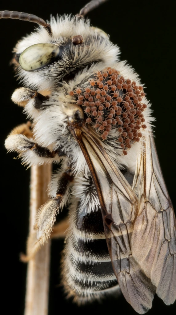 extreme macro photograph of a white fuzzy bee on a thin twig, dense cluster of tiny reddish-brown mites attached to the thorax, large pale greenish compound eye, translucent folded wings with fine veins, dark abdomen with white hair bands, pitch black background, very shallow depth of field, sharp focus on mites, soft diffused lighting, detailed insect textures