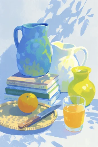 Vibrant Sunlit Gouache style reference image — vibrant color blocking