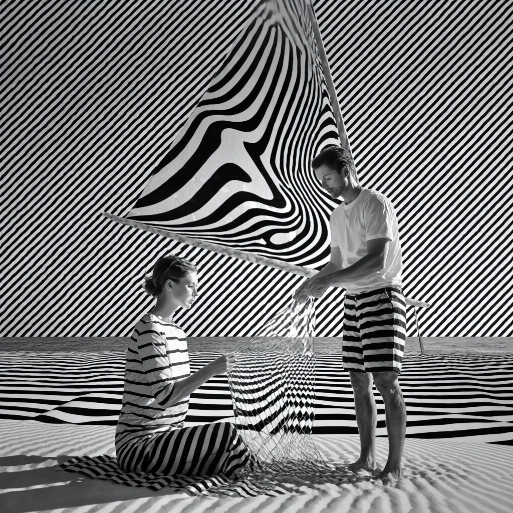 high-contrast black and white op-art aesthetic, dense diagonal stripes background, woman seated on sand holding a net, man standing beside her handling the net, positioned under a boat sail, ocean and sky background, human figures and fabrics distorting background stripes into fluid wavy patterns through glass-like refraction, sharp graphic shadows, minimalist surrealism, bold geometric composition, liquid distortion of linear patterns, cinematically lit, stark and textural, monochrome