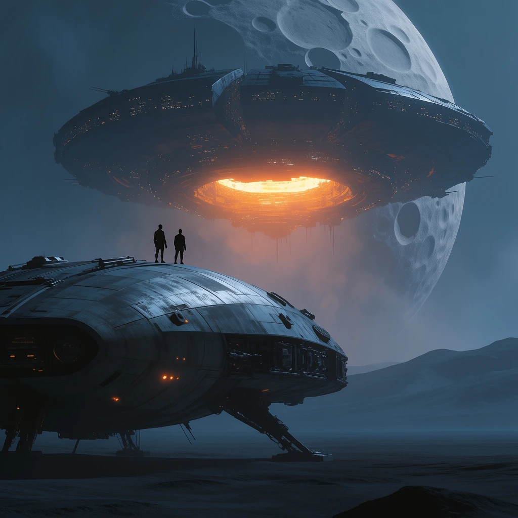Two individuals stand atop a large, weathered, disc-shaped metallic craft that sits tilted and partially embedded in a dark, rocky terrain. The taller figure, clad in a long brown cloak, holds a smaller figure close as they both look out toward the horizon with their backs to the viewer. Directly ahead, a massive, dark circular spacecraft hovers low in the air, featuring intricate tiered layers and a glowing orange light emanating from its central underside and landing struts. The background is dominated by a gargantuan, cratered moon that fills much of the upper frame, backlit by an intense, brilliant light source that produces a sharp lens flare and a bright silver rim along its left side. To the left of this large moon, a smaller, solid dark sphere hangs in the hazy, star-dusted sky. The landscape is characterized by sharp, jagged mountain silhouettes and a low-lying mist that clings to the uneven ground. The image is rendered in a cinematic digital art style, utilizing a high-contrast, low-key lighting scheme and a predominantly cool color palette of deep blues, greys, and charcoal, punctuated by the warm amber glow of the hovering ship. The low-angle perspective and central composition emphasize the immense scale of the extraterrestrial vessels and celestial bodies compared to the two small figures.