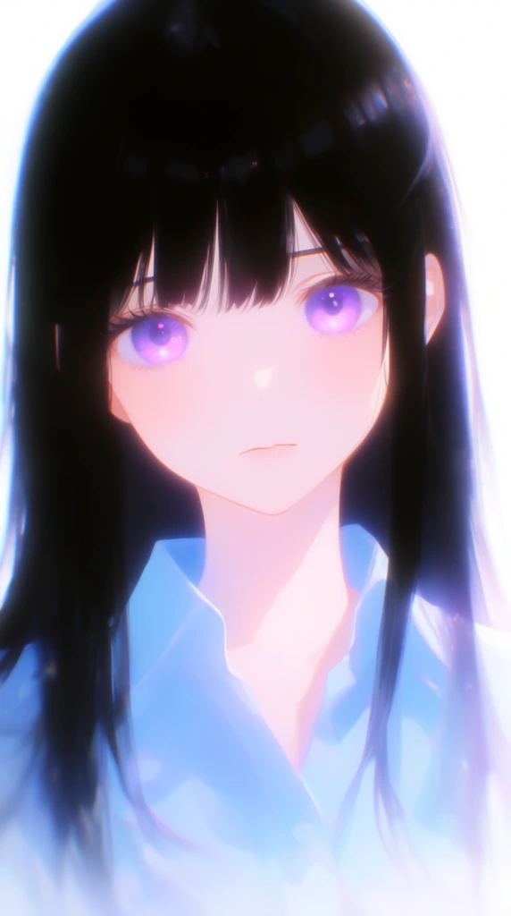 close-up anime portrait of a young woman, luminous purple eyes, long black hair with bangs, light blue shirt, high-key lighting, ethereal glowing edges, soft digital painting, white background