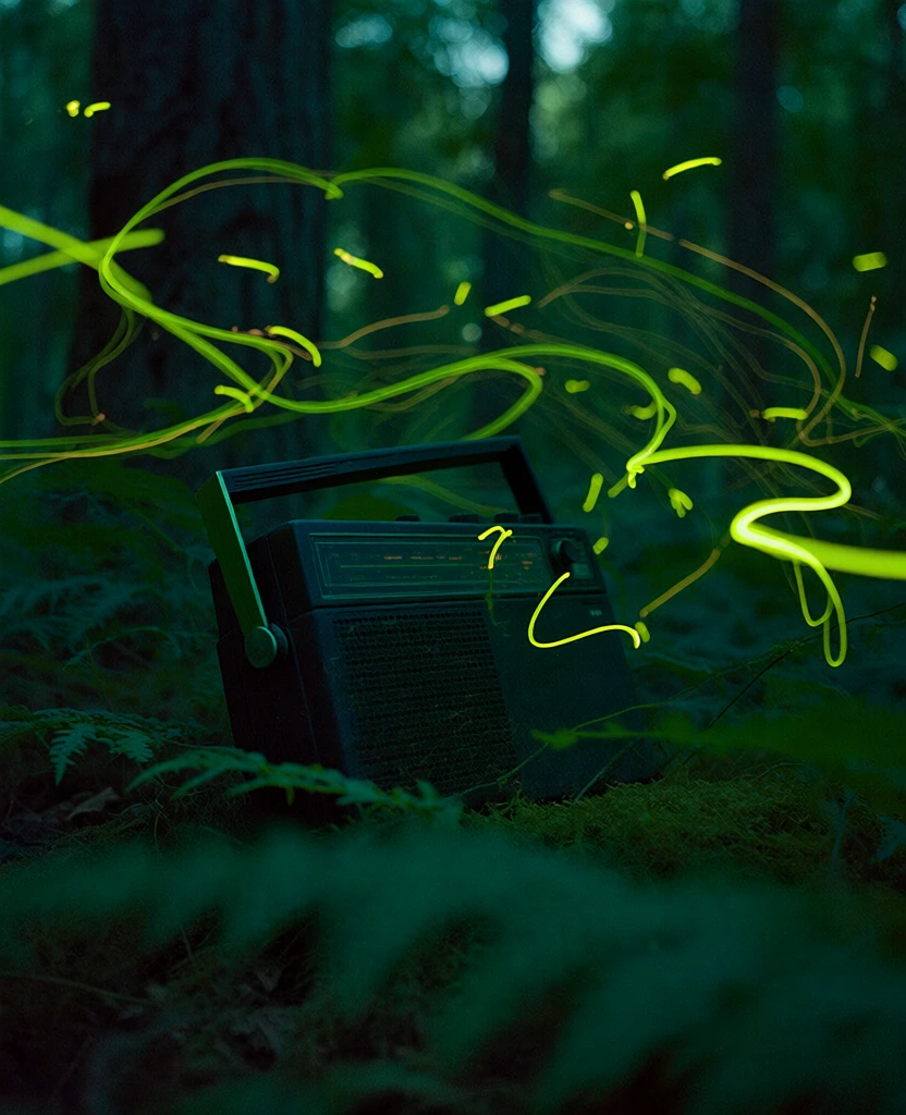 low-angle wide shot of a vintage portable transistor radio with a sharp angular handle resting on mossy ferns, long-exposure light trails of neon yellow-green fireflies dancing around the radio, kinetic electric lime ribbons, moody teal forest twilight, cinematic depth of field, rich textures of bark and foliage, soft foreground blur, ethereal glow, vibrant neon streaks, cool-toned shadows, high contrast between dark forest floor and electric light motion capture
