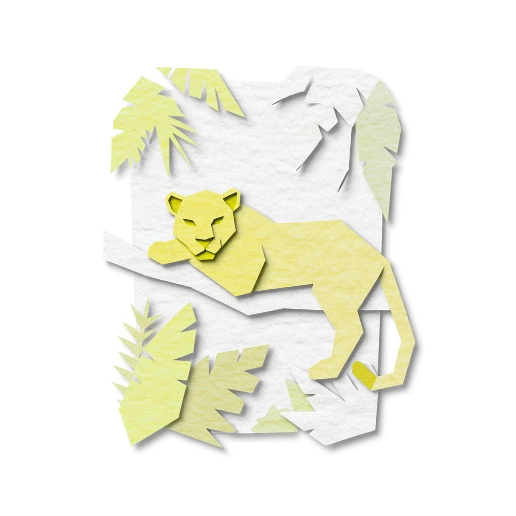 a minimalist paper-cut collage of a leopard perched on a branch in a jungle, lazy gaze directed at the camera, framed by lush geometric leaves and ferns, rendered in a sharp polygonal style with faceted edges, tactile watercolor paper grain texture across all elements, palette of soft yellow and muted greens, layered composition with subtle drop shadows for a 3d paper effect, clean white background, flat vector-like aesthetic with organic paper textures, sharp angular silhouettes.
