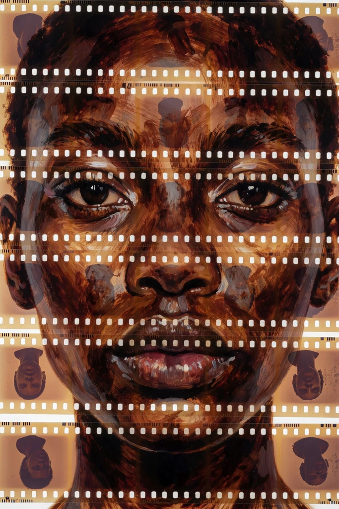 A tightly cropped portrait of a dark-skinned face painted directly onto horizontal strips of photographic film negatives against a stark white background. Parallel rows of square film sprocket holes cut across the cheeks, nose, and mouth in this mixed-media composition. Expressive brushstrokes in warm sepia, umber, and deep brown form the facial features, blending seamlessly with the translucent amber base of the celluloid. Faint inverted photographic silhouettes linger within the individual frames beneath the painted surface. The subject maintains an intense, direct gaze with luminous highlights reflecting in dark, highly detailed eyes.