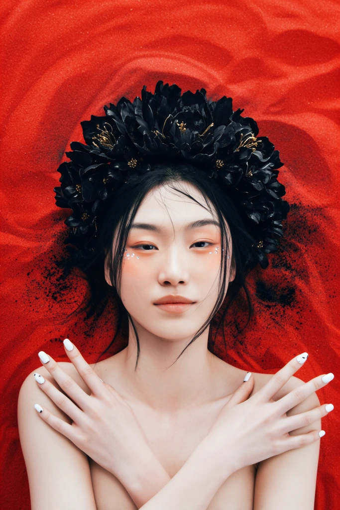 A top-down fashion portrait of an East Asian woman lying flat on a bed of vivid crimson sand, wearing a voluminous black floral crown. Her arms are crossed gracefully over her bare collarbones. Her black hair features delicate loose strands framing a face adorned with soft peach makeup and tiny crystal embellishments near her eyes. The dramatic headpiece is crafted from sculpted black petals with delicate gold accents. Her fingernails are painted stark white with minimal dark details. The granular red sand forms undulating dunes around her, dusted with fine black powder near her hair. Soft overhead lighting creates a high-contrast composition dominated by intense red, deep black, and pale porcelain tones.