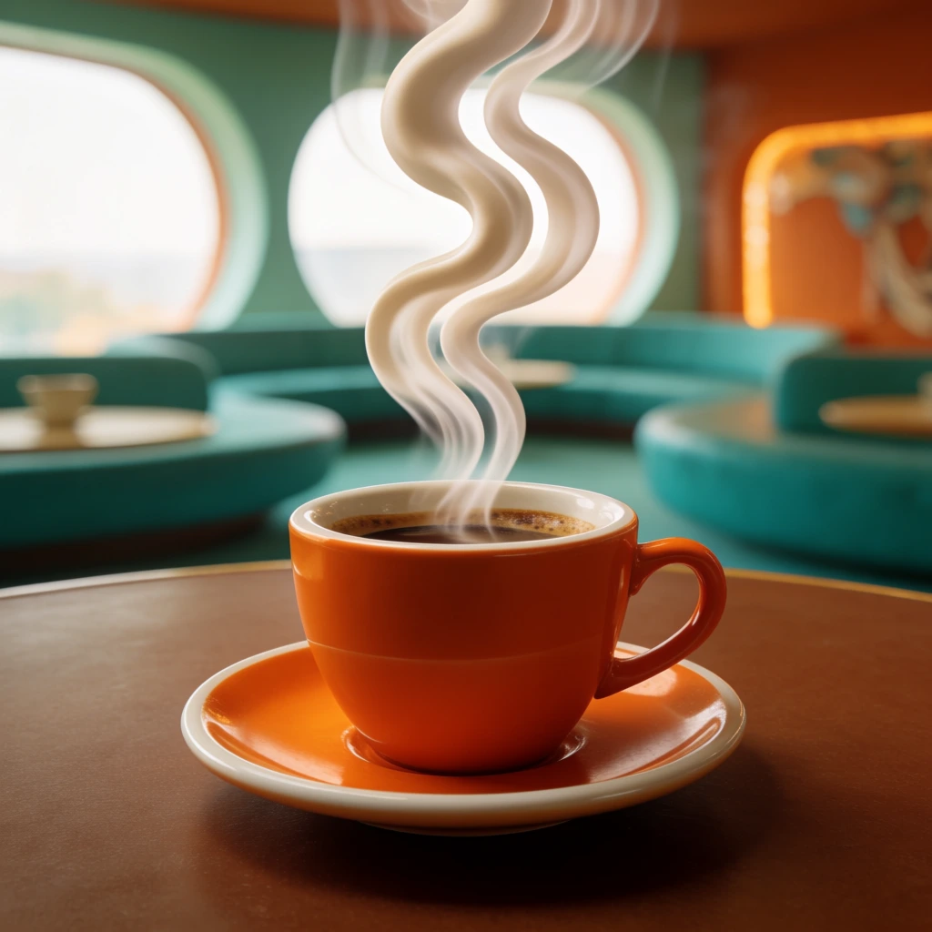 An orange coffee cup and saucer sit on a brown table. Thick, stylized, ribbon-like steam rises from the dark liquid. A softly blurred retro-futuristic lounge with teal circular seating and large arched windows forms the background.
