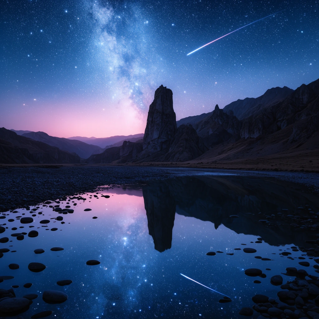 A tranquil night landscape featuring a still river perfectly reflecting a starry sky and the sweeping Milky Way. A monolithic rocky spire rises from dark rugged mountains against a soft pink horizon glow. The deep blue cosmos and a single meteor streak are mirrored symmetrically in the glossy water over scattered stones and a dark gravel shore.