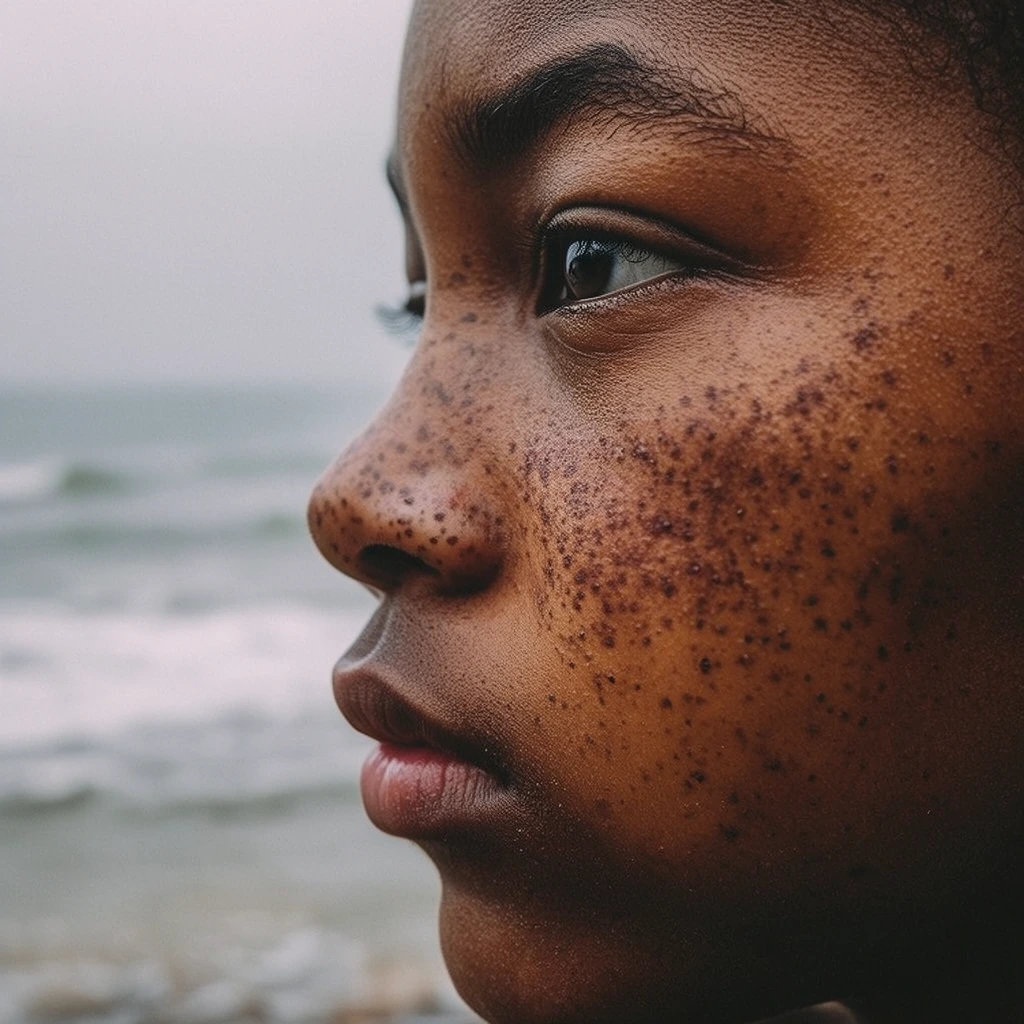 An extreme close-up portrait captures the profile of a young person with deep brown skin gazing thoughtfully off-camera. The face features a dense scattering of dark freckles across the cheek and nose, with razor-sharp focus emphasizing the natural texture, pores, and subtle moisture of the skin. Diffused overcast lighting creates a gentle reflection in the dark eye and highlights the full lips. The background is heavily blurred by a shallow depth of field, presenting a muted coastal scene with a gray sky meeting a desaturated ocean of soft, rolling waves. Earthy, warm amber and mahogany tones of the subject contrast strikingly against the cool, misty seascape in this cinematic, highly detailed photograph.