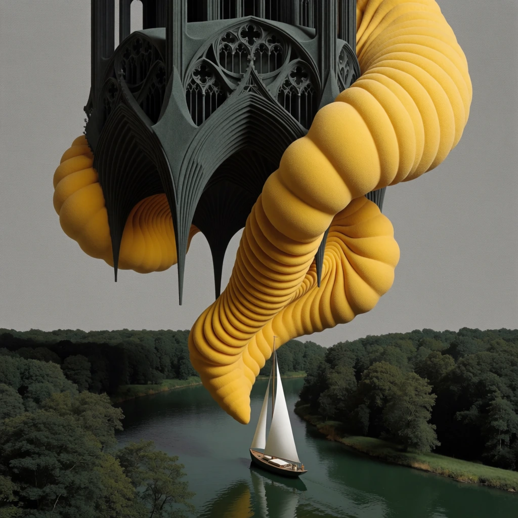 a miniature sailboat on a hunter green river, dense forest, charcoal gothic cathedral, massive bulbous fleshy ribbed organic forms in mustard yellow suspended in a flat grey sky, studio high-key diffused lighting, matte finish with fine-grain textile texture, minimalist high-fashion e-commerce composition, surgical crisp edges, monochromatic neutral grey background, high-signal commercial aesthetic, soft diffused shadows, sharp focus, digital matte rendering