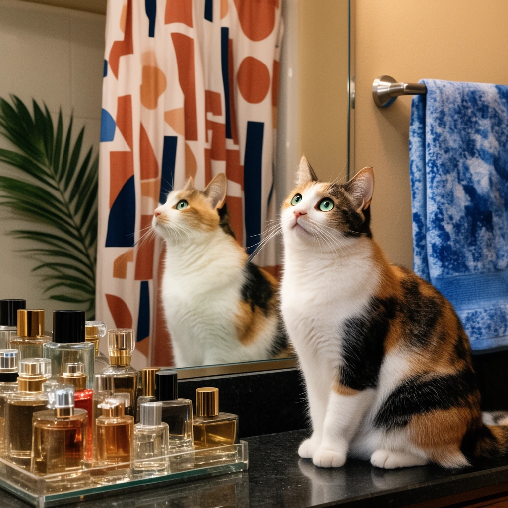 A calico cat with bright green eyes sits on a dark bathroom vanity, gazing upward beside its clear reflection in a large mirror. The mirror reveals a shower curtain adorned with abstract terracotta and navy geometric shapes alongside a leafy frond. A tiered tray of glass perfume bottles rests to the left, and a mottled blue towel hangs on a metal rack to the right against a warm beige wall, captured in soft indoor lighting.